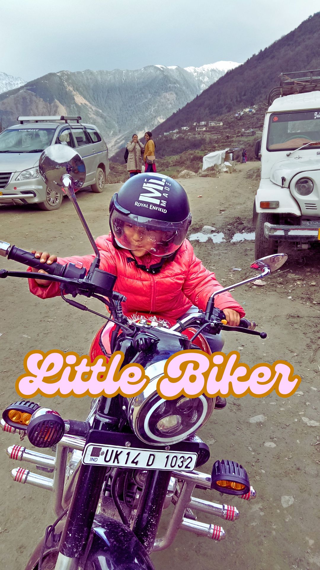 Little Biker The little Bikehimalayan peaks at Backdropr at Urgam valley with